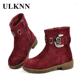 Boots ULKNN Girls Winter Snow Waterproof Plush Soft Leather Shoes Children Girl Warm Bota Wine Red 26-30