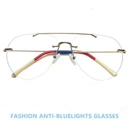 Moda Euro-Am Bigrim Anti-BlueLight Plano Unisex DeSig Men Big Pilot Rimless Glasses Frame para óculos de prescrição Caso de design de óculos de óculos FullSet