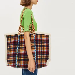 가방 가짜 양고기 양모 격자 무늬 어깨 토트 로프 매듭으로 만든 스트랩 영국 스타일 모직 천