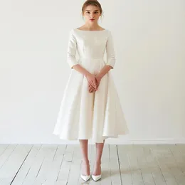 Enkel teslängd satin kort bröllopsklänning blygsam med 3 4 ärmar båthals a-line 50s 60s informella brudklänningar kort 247U