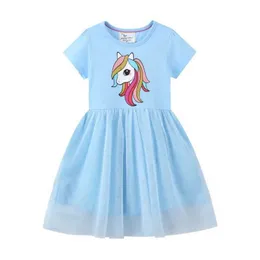 Kız Elbiseleri Atlama Metre Unicorn Mavi Kız Prenses Elbise Yaz Bebek Giyim Doğum Günü Partisi Giyim Okul Öncesi Çocuk Frow Dressl2405