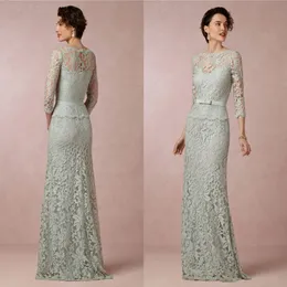 2016 moda sálvia mãe da noiva vestidos sexy pura jóia de jóia elegante 3 4 bainha de manga longa Mãe do vestido do noivo