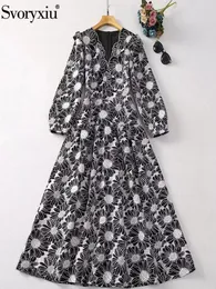 カジュアルドレスsvoryxiuファッションデザイナー秋のヴィンテージAラインロングドレスレディースVネックランタンスリーブハイウエストフローラル刺繍ドレス