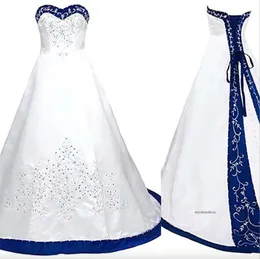 Royal Blue and White A Line Dress 2024 Princess Satin Lace Up Back Court Train Long Wedding Deters 0509