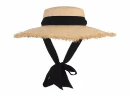 Terra feita à mão Raffia Sun Hats for Women Black Ribbon Lace Up Large Brim Straw Hat ao ar livre Caps de verão Chapeu feminino4441843