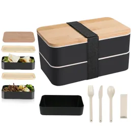1pc Box da pranzo in legno a prova di perdite portatile con stoviglie in stile giapponese Bento Box perfetto per la pesca scolastica e il campeggio 240429