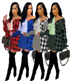 Frauenhemdkleid Designer Plaid gefrorener genähter Single Breasted Sleeve Pee Up Hemd Kleid 4 Farben SXXL8777128