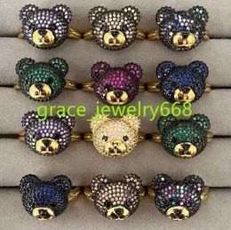 Zircon Lovely Cute Brass Gold Silvery Bear Emerald Rings for Women Girl Popular Trendy Jewelry Adjustable Cute multicolour