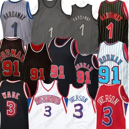 الكلاسيكيات الكلاسيكية العتيقة Retro 91 Rodman 3 Allen Iverson 1 Hardaway 3 Wade Basketball Jerseys Men Women Youth XS-4XL