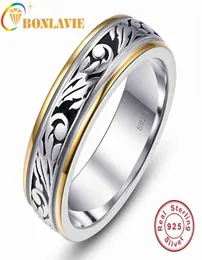Bonlavie 6 mm Retro Corte duas cores Patiled 925 Silver Ring para homens e mulheres Compromisso e apostas 2105061360848
