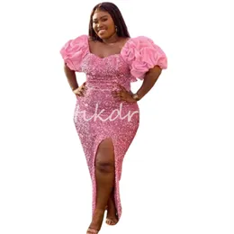 Sequined Pink Mermaid Prom Dressess For Black Women Aso Ebi High Split Plus Size Evening Dress Formal Party Gowns With Puffy Short Sleeves Ankle Length Birthday Wear