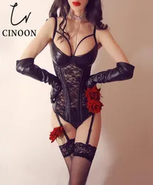 Cinoon 6xl steampunk gothic sexig läder korsett topp bustier kvinnor039s underkläder kropp shaper bodysuit push up spets plus size cors8086068