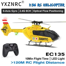 Yxznrc EC135 Helikopter RC 6 Sumbu Gyro 24G 6ch Skala 1 36 Flybarless Optical Aliran Optik Penahan Ketinggian Lampu LED 240508