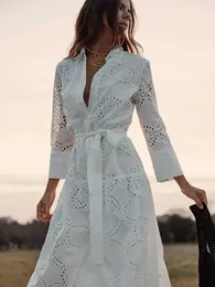 Vestidos casuais básicos Fitshinling Hollow Out Lace Camisa Midi Party Mulheres vêm com dança do cinto Use vestidos de moda vestidos femme pareo novo T240508