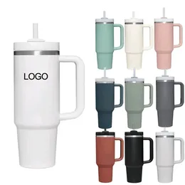 Custom 40 Unzen Becher mit Griff Deckel Stroh 40 Unzen Edelstahl Wasserflasche Vakuum Thermos Tasse große Kapazitätsauto Kaffeetasse 240508