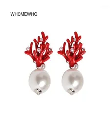 Stullo Whomewwho Red Coral Deer Antler White Faux Pearl Christmas Orecchini Fashion Gift Gioielli Accessori per le orecchie delle feste 18381251