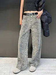 Streetwear Leopard Print Y2K Jeans för kvinnor Luxury American Retro Loose Korean Style Overdimensionerad Wide Leg Straight Baggy 240423