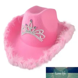 Hut für Frauen Western Cowgirl Cowboy Caps Crown Pink Girl Feather Edge glänzende Pailletten Tiara Cowgirl Hats Party Fedora Caps FA6999107