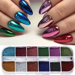 12 Farben Metallic Pulver Nagel Pigment Holographische Spiegel Metall fein reiben auf Staub Glitzer UV Gel Polnische Dekoration 240509