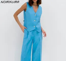 Pantaloni da donna a due pezzi Nomikuma 2024 Linence in cotone blu causale 2 trapoce set Women Women Summer Fashion Sleeveless Waist High Waist Straight Straight