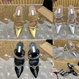 Yaz Mesh Mule Tasarımcı Sandalet Sandalet Out Kadın Slayt Terlik 10 cm Yüksek Topuklu Sandale Kristal Kalp Sandal Altın Silversexy Point Slide Termer Akşam Ayakkabı