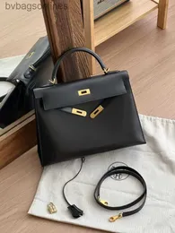 Sacos de luxo de designer de 11 hremms originais para mulheres Kelyy32 Black Gold Double Ring Box de couro com moldura gravada Kelyy bolsa de ombro portátil
