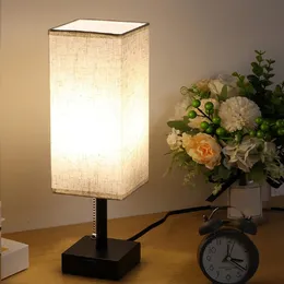 Bedside Lamp Night Lights USB Retro Nightstand Table Dimable For Bedroom Wood Desk With Fabric Shades Home Decor 240508