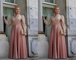 Soiree Hijab Dresses a maniche lunghe a collo alto Vestidos 2016 A Line DE De Soiree Gold Applique Satin Elegante Aso Ebi Long Evening Dr1914100