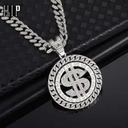 Hip Hop AAA+ Strass rotatierbarer Dollar vereisert 13mm Miami Cuban Link Chain Anhängende Halsketten für Männer Frauen Schmuck