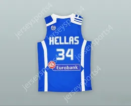 Custom Nay Mens 청소년/어린이 Giannis Antetokounmpo 34 Greece Blue Basketball Jersey 최고 스티치 S-6XL