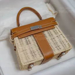 12A 1: 1 Designerin luxuriöser Handtaschen aus der höchsten Qualität, speziell angepasste silberne Schnalle 20 cm Picknick -Bambus -Rohrbeutel Alle handgewebten braunen Freizeitbeutel mit Originalschachtel.