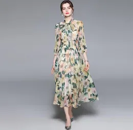 Merchall 2021 Summer Fashion Runway Vacate abito in chiffon Women Bow Collar Floral Print Feste per le vacanze Eleganti abiti casual Midi2193152