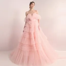 فساتين الحفلات Xijun Blush Pink Tiered Ruffles Tulle Tulle Evening Korea Femme قبالة كتف الأميرة Prom Vress Dress Country 2024