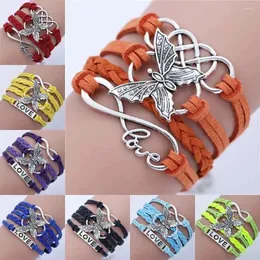 Charm Bracelets Vintage Handmade Multilayer Leather Bracelet With Letter Love And Butterfly For Men Women(Color: Multicolor)