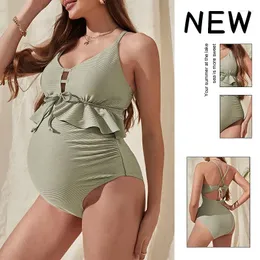 Kvinnors badkläder moderskap baddräkt graviditet kvinnor solid grön ribbe bandage mode ruffle en bit baddräkt för premama kläder