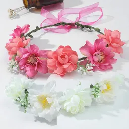 Dekorative Blumen Braut Hochzeitsfeier Blumenhaarband mit Band Boho Kinder Mädchen Blumenreben Stirnbänder Kronen Girlande Haar Reifen