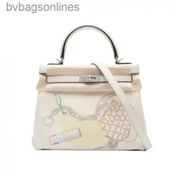 Borse Hremms di alta qualità AAA BASSE DESIGNO DI LUGO DI MARCHIO ORIGINALE Nuova borsa a tracolla Kelyy 25 Cream Bianco di pittura colorato con bottone argento bianco