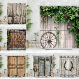 Cortinas de chuveiro cortina de madeira de madeira vintage Fazenda por porta de celeiro Horseshoe Roda de ferradura Pentagrama rústico de tecido de tecido de tecido de tecido
