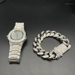 Hip Hop Mens Watches Bracelets Set Moda Diamond Iced Out Chain Chain Gold Silver Watch Set With Box 20191 246Q