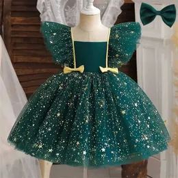 Flickans klänningar 12m Baby Girl Christmas Green Party Dress Toddler Kid paljetter Tulle Tutu Födelsedag Doping Gown Baby Girl New Years Clothing T240509