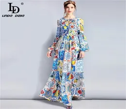 LD Linda Della Fashion Designer Maxi Dress 5XL Plus Size S Women S Long Sleeve Boho Plant Flower Print Dress Long Long Long Lj2008188204324