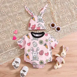 Rompers Baby Girls Rompers Easter Egg Carrot Arbbit Print Short Sleeve Bodysuits Summer Easter Clothits Beletits with Hat H240508