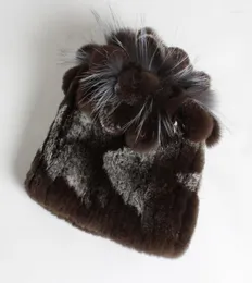 Stil blommedesign rex päls hattar vinter kvinnor äkta mössor lady mode varm 100 natural äkta hatt beanieskull oliv222492128