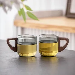 Te koppar Hög Borosilikat Glas Small Teacup med handtag Hushållskoppen Anti-Scald Wood Master