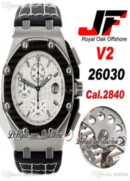 JF V2 Juan Pablo Montoya 26030 Carbonfaserletz Stahl CAL2840 A2840 Automatische Chronographen Herren Watch White Textur Dial Leder6992320