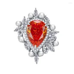 Anelli a grappolo S925 Sallo zircone anello argento arancione arancione 11 mm per la caduta d'acqua per perle gioielli boutique versatili per donne
