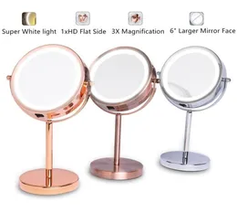 6quot 1x3x förstoring dubbelsidig spegel med stativ 18 LED -upplyst bordsskiva kosmetisk spegelbatteri drivs rosegold B6281558