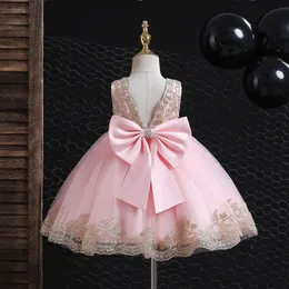 Tulle Puffy Flower Girl Kleid für Hochzeit rot blau rosa weißer Spitze ärmellose mit Bow Kids Geburtstag Perlen Perlen kleines Mädchen Abend Erste Kommunionkleider