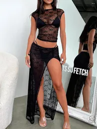 Women Summer Skirt Set 2Pcs Beachwear Cover-Ups Swimsuit Lace Jacquard Cropped Tops High Slit Long Bathing Suit