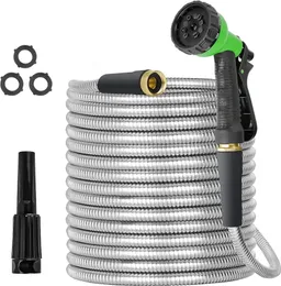 Mangueira de jardim de metal Mangueira de água de aço inoxidável de 100 pés super resistente Tubo de água flexível com acessórios de latão de 3/4 polegadas e pulverizador 240430